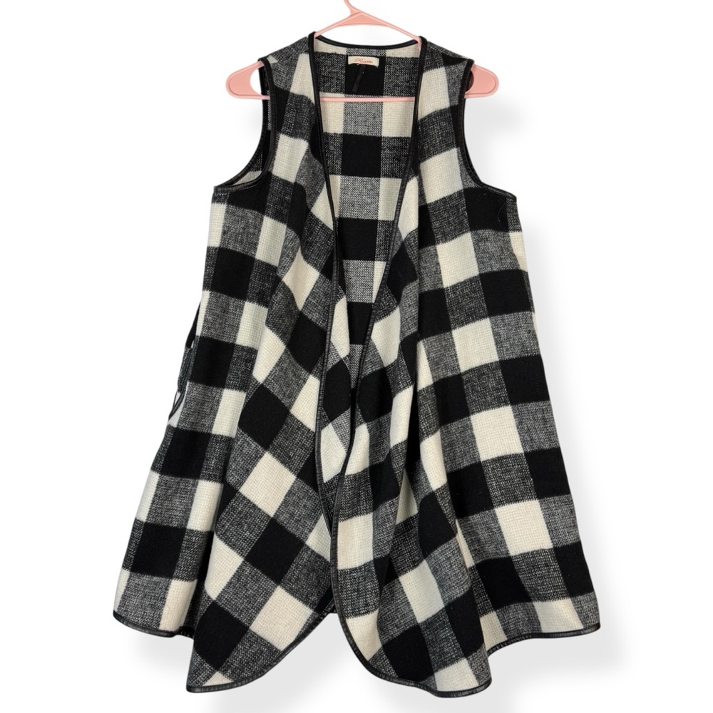 Rosette Cardigan Vest with‎ Pockets Womens S Small Black White Faux Leather Trim